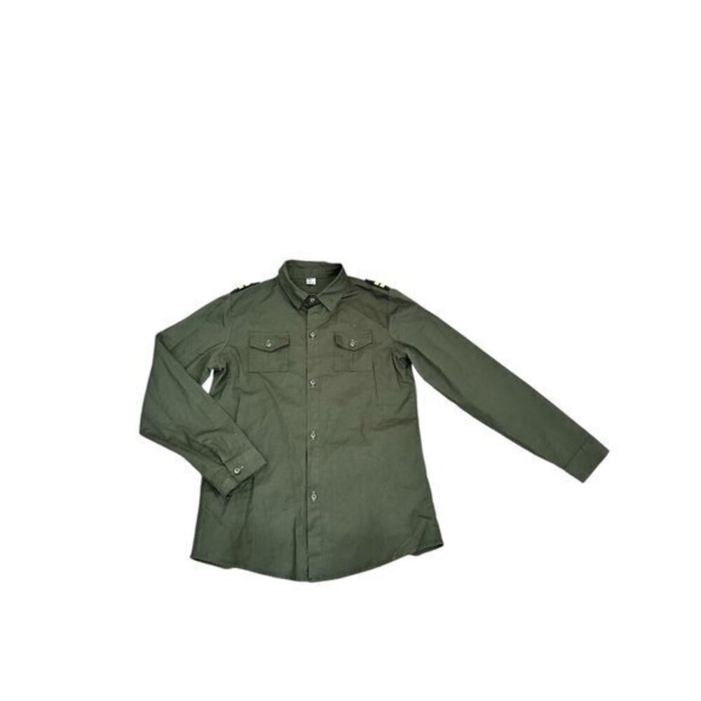 Vintage B.I. Military Style Olive Green Button-Up Shirt With Shoulder Epaulets S